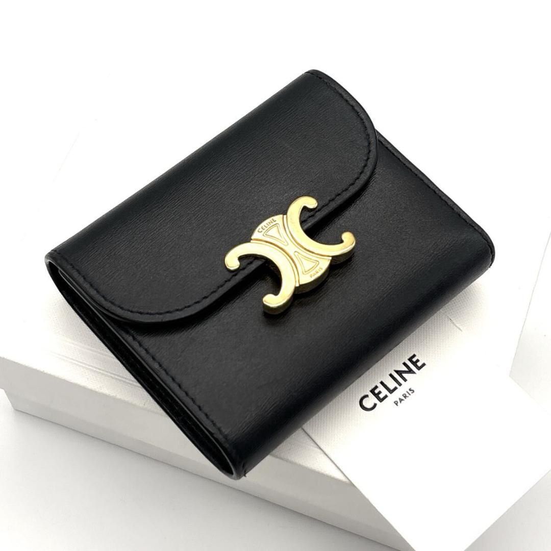 ♥級◆CELINE 三つ折り財布 トリオンフ ブラック ゴールドロゴ 黒