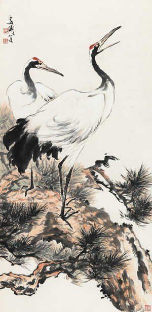 王雪濤 松鶴図 30 x 62 cm-宣紙画芯 東洋画 国画 中堂画