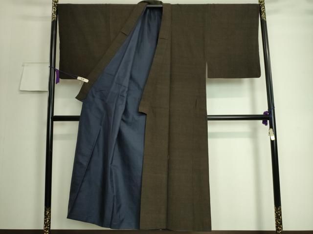 平和屋本店□極上 男性 紬 アンサンブル 長羽織 着物・憲法茶色 羽織  