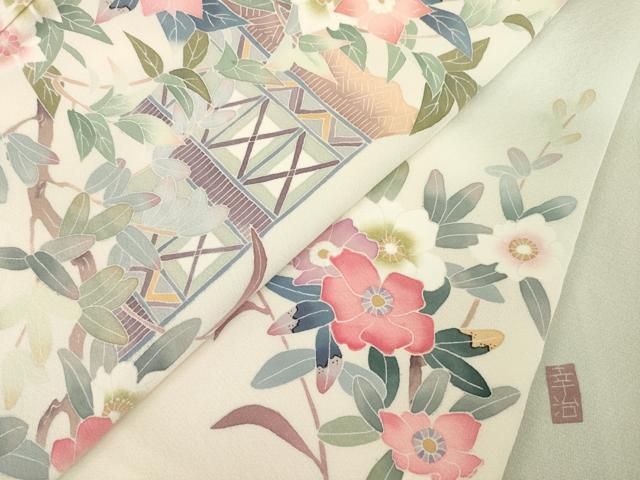 平和屋着物○本加賀友禅作家 岡本幸治 訪問着 枝花文 暈し染め 正絹