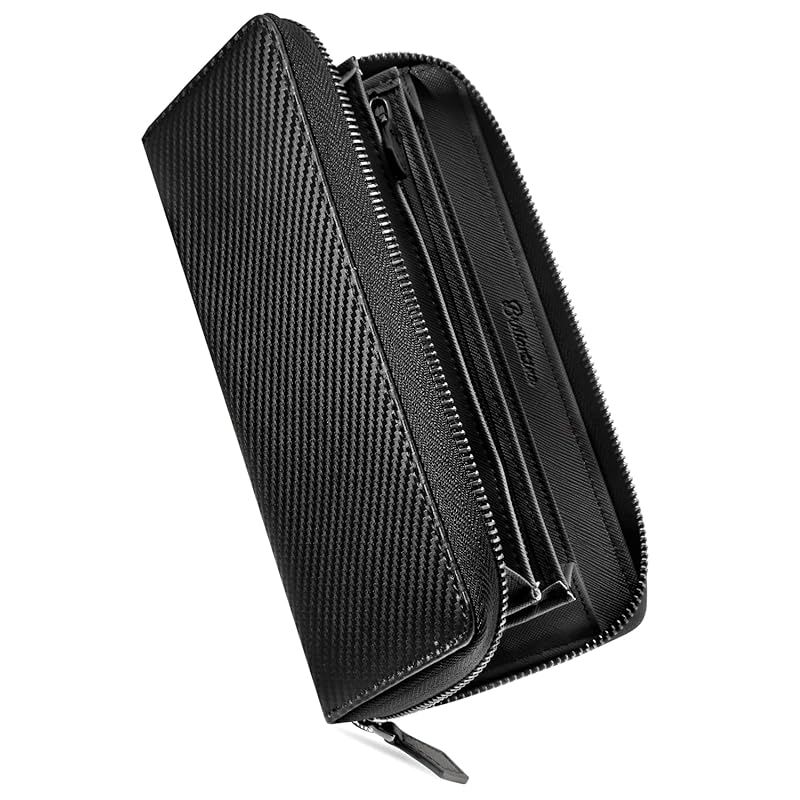 Brillantina 財布 メンズ 長財布 カーボンレザー スキミング防止 YKK製 ラウンドファスナー 大容量 小銭入れ付き Black