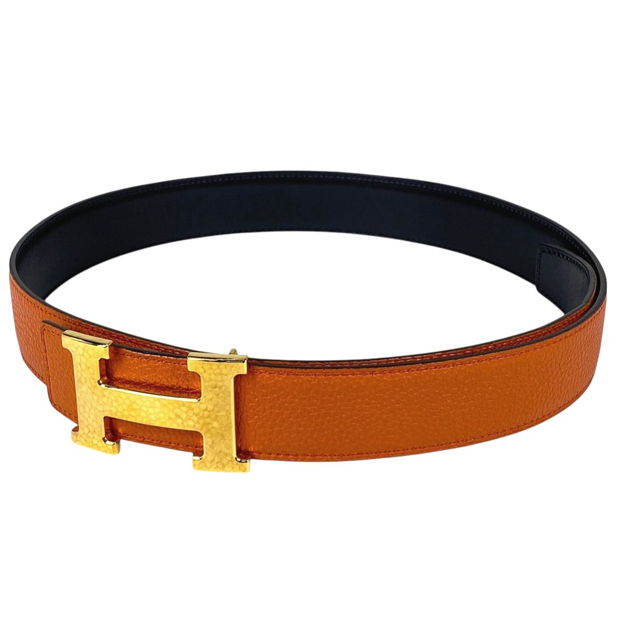 HERMES 黒オレンジ レザー ベルト HERMES エルメス ベルト メンズ用 Hベルト 105cm 32mm