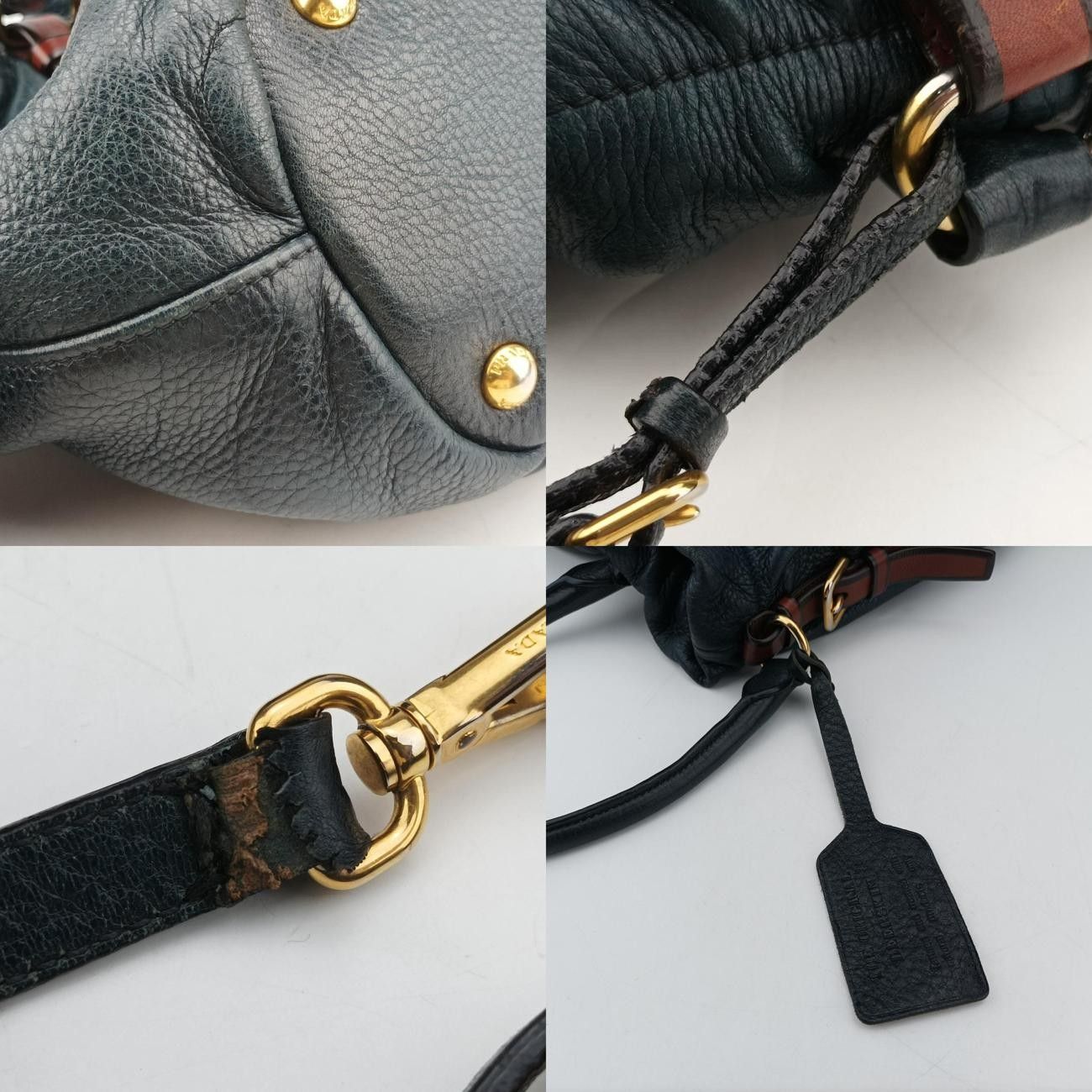 プラダPradaスクエアバックルネイビー×ブラウンレザーBN1773129