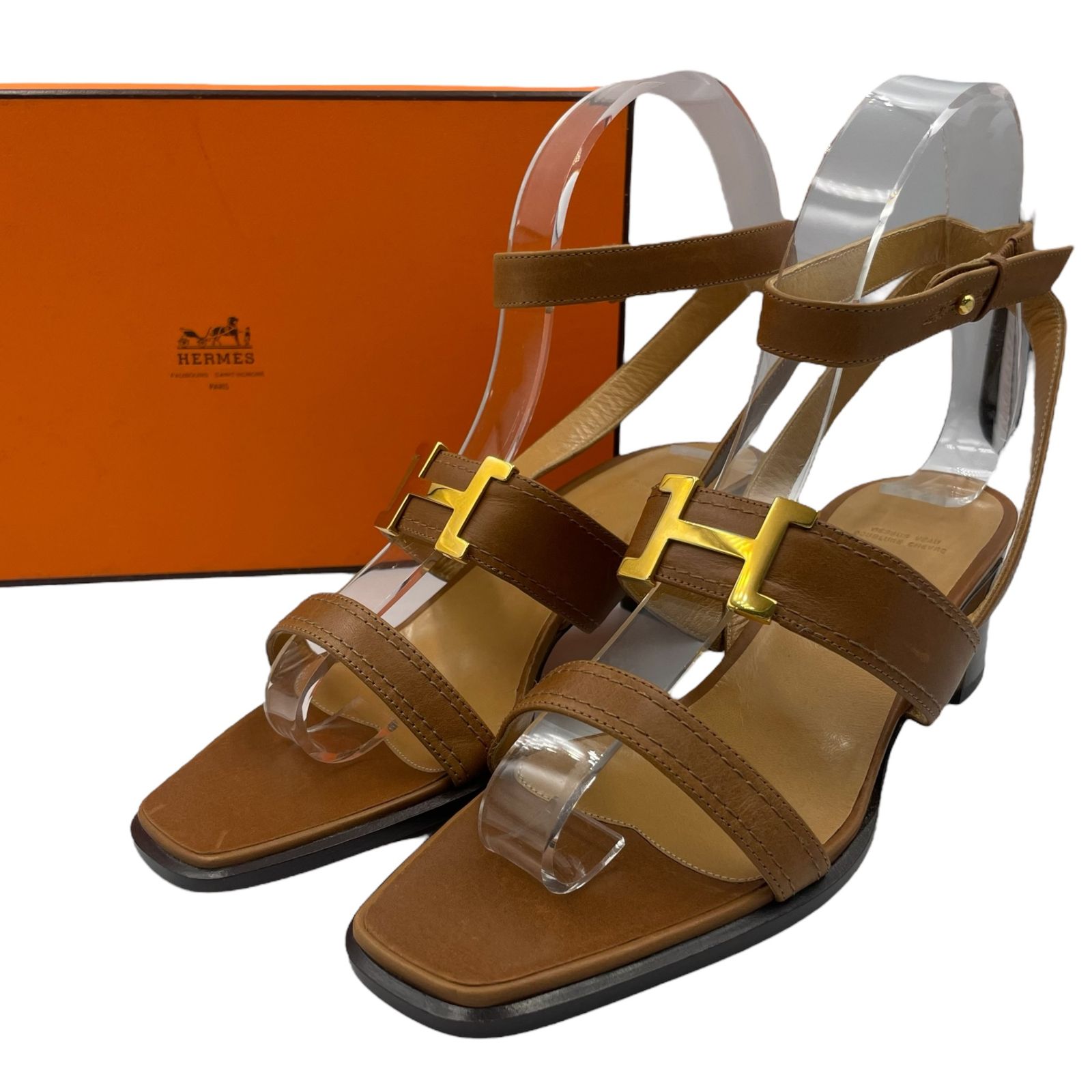 HERMES エルメス ストラップサンダル レザー 金Hロゴ ブラウン サイズ36 き