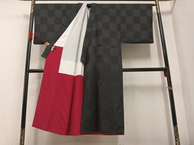 平和屋着物●男性 色無地 市松地紋 羊羹色 正絹 AABB0379ph