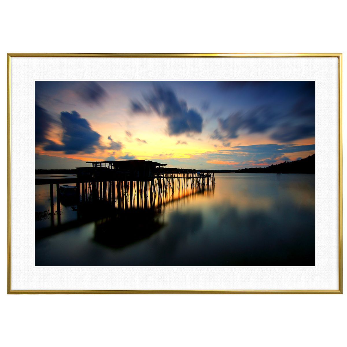 夕日写真 砂浜と桟橋 インテリアアートポスター額装 AS1640