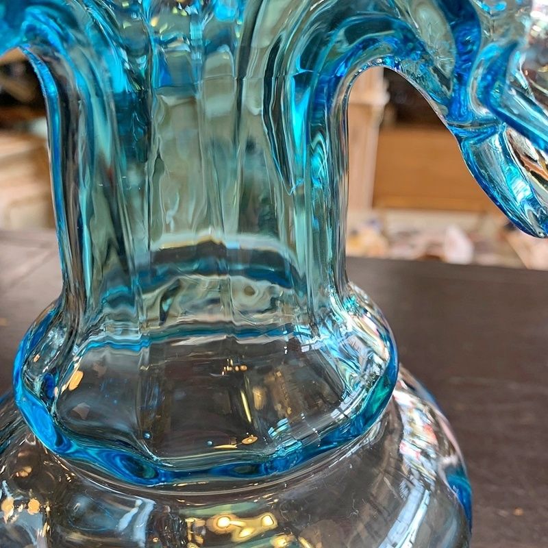 レトロ 花瓶 水色 高さ約22cm ガラスビン フリル フラワーベース
