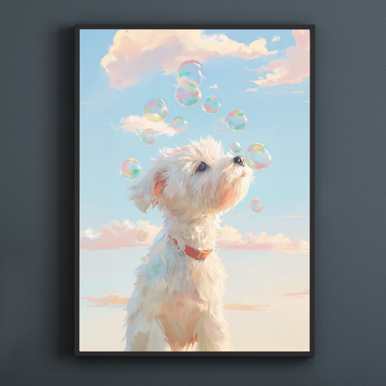 名入れOK 犬とシャボン玉 - マルチーズ犬 No.2 アートポスター うちの子記念日 ペットロス 北欧 ナチュラル