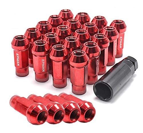 Wellvie ハイエース スチール ホイールナット M12×P1.5 赤 24個 ソケット付属 貫通 レーシングナット 17HEX 48mm 6穴 クロムバナジウム ロング ラグナット レーシングナット ハイラックス ランドクル