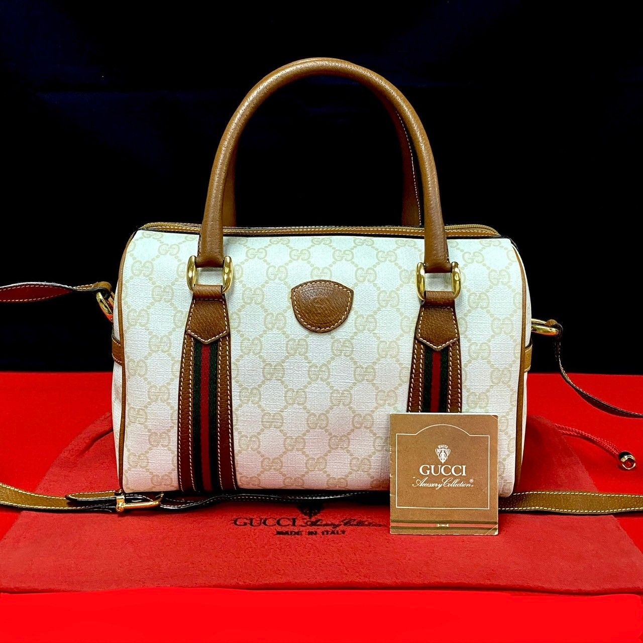 ほぼ 未使用 GUCCI グッチ オールドグッチ GG ロゴ レザー 本革 PVC 2way ショルダーバッグ ミニ ボストンバッグ ブラウン 812-8