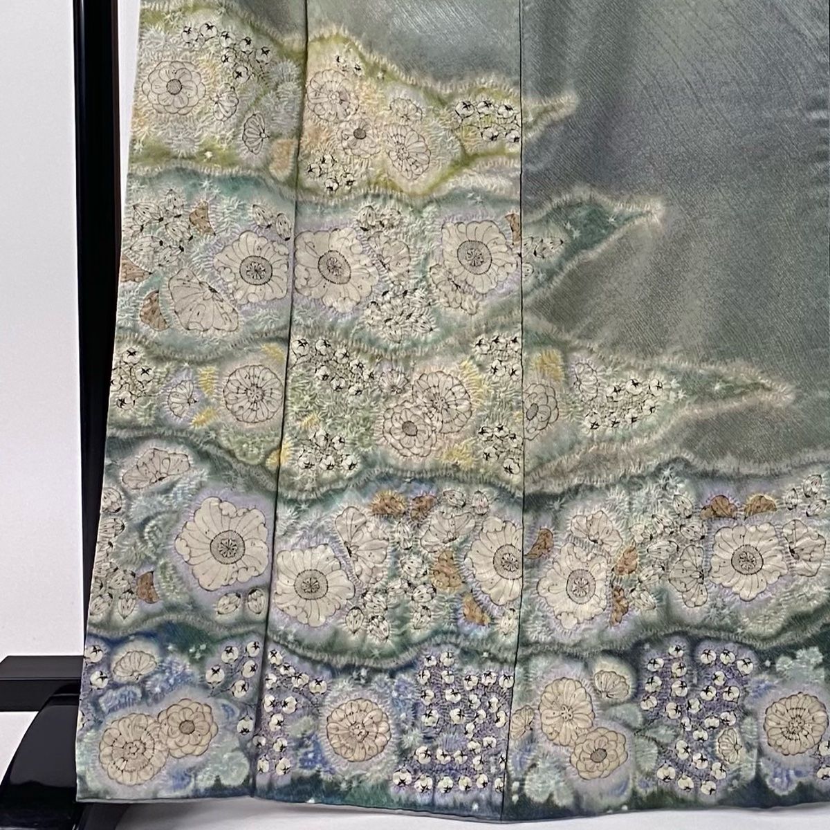 色留袖 身丈167.5cm 裄丈70cm L 袷 初代 久保田一竹 落款 辻が花 霞 金通し ぼかし 薄緑 正絹 三つ紋