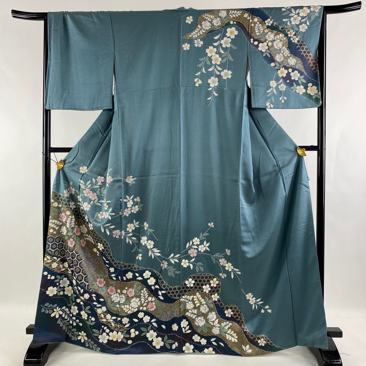 訪問着 美品 名品 草花 亀甲 金彩 染め分け 青緑 袷 身丈166cm 裄丈