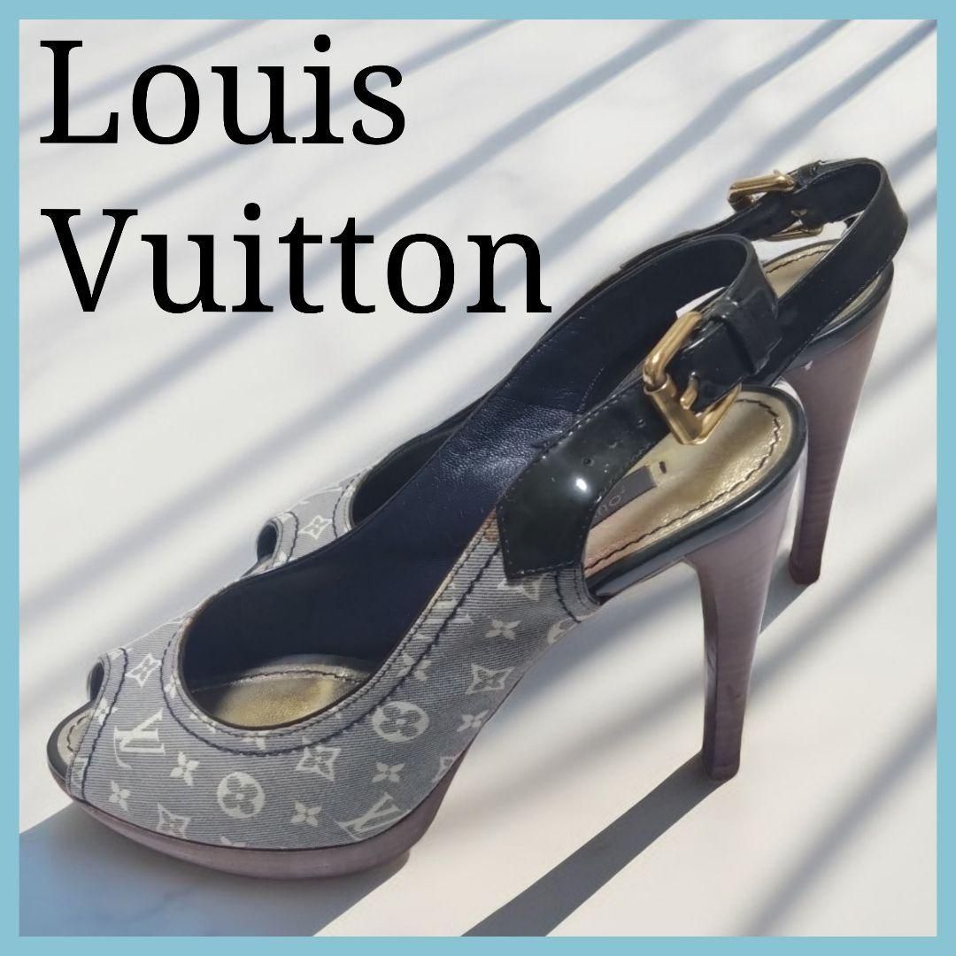 正規品 LOUIS VUITTON ルイヴィトン モノグラム デニム オープントゥ サンダル パンプス 35 22.5cm ハイヒール ピンヒール バックストラップ