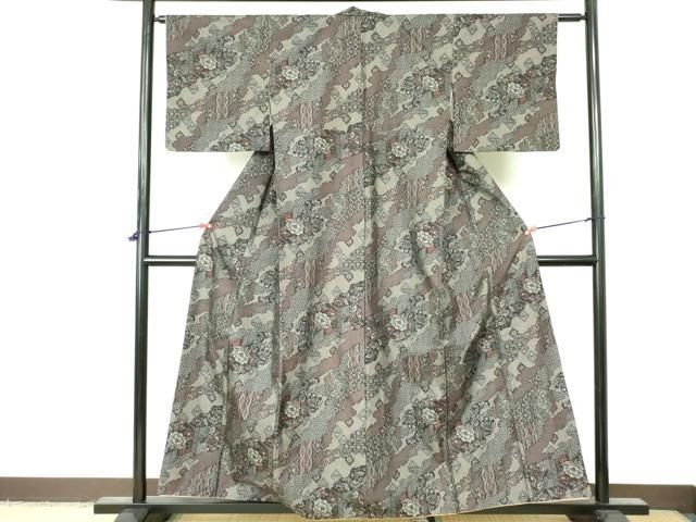 平和屋着物○上質な紬 市松草花文 正絹 逸品 CAAX4683ut 平和屋着物