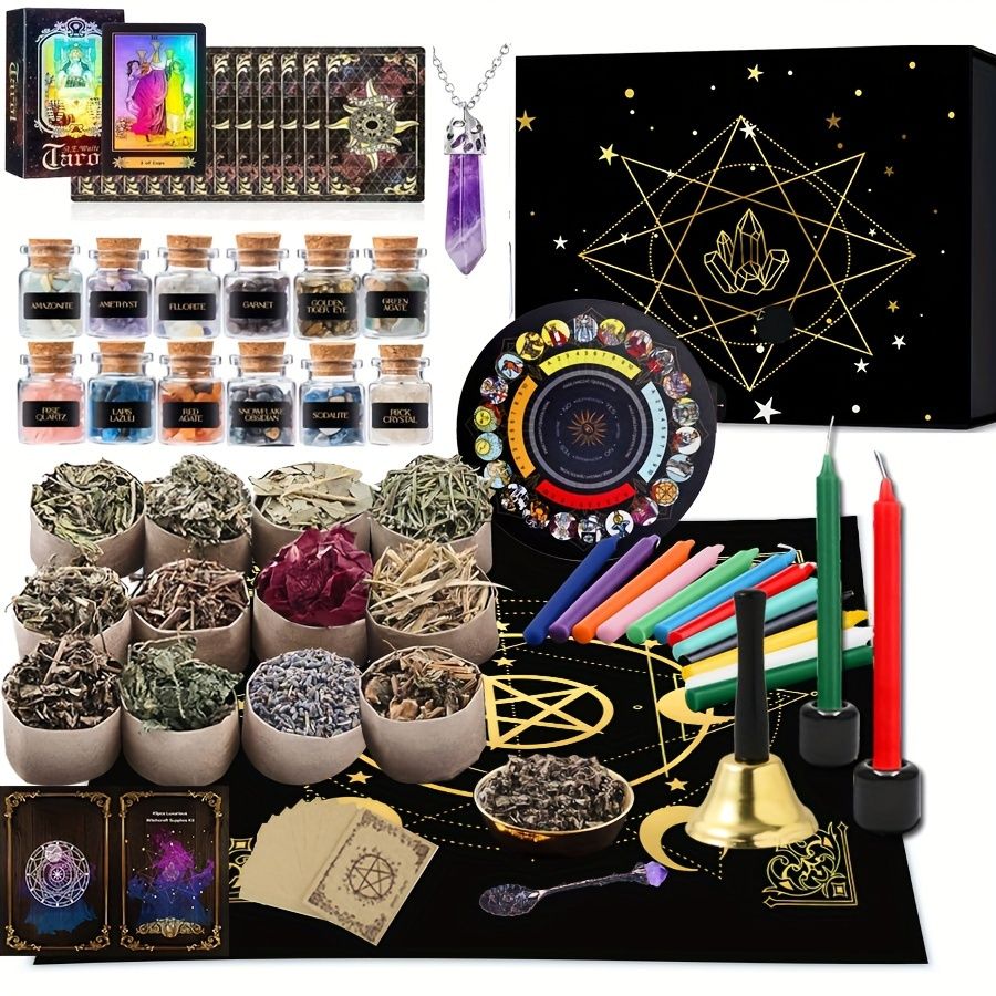 135ピース クリスタルタロット魔術用品キット 魔女の祭壇用 スペルキャンドル 魔女のクリスタル瓶 ハーブの呪文 ボックス スターター