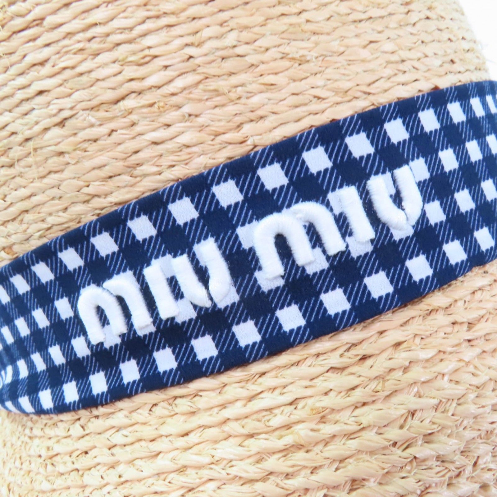 美品☆MIUMIU ミュウミュウ 5HC307 ラフィア ギンガムチェック 麦わら帽子 ハット ナチュラル M 保存袋付 イタリア製 正規品 レディース 美品☆MIUMIU ミュウミュウ 5HC307 ラフィア ギンガムチェック 麦わら