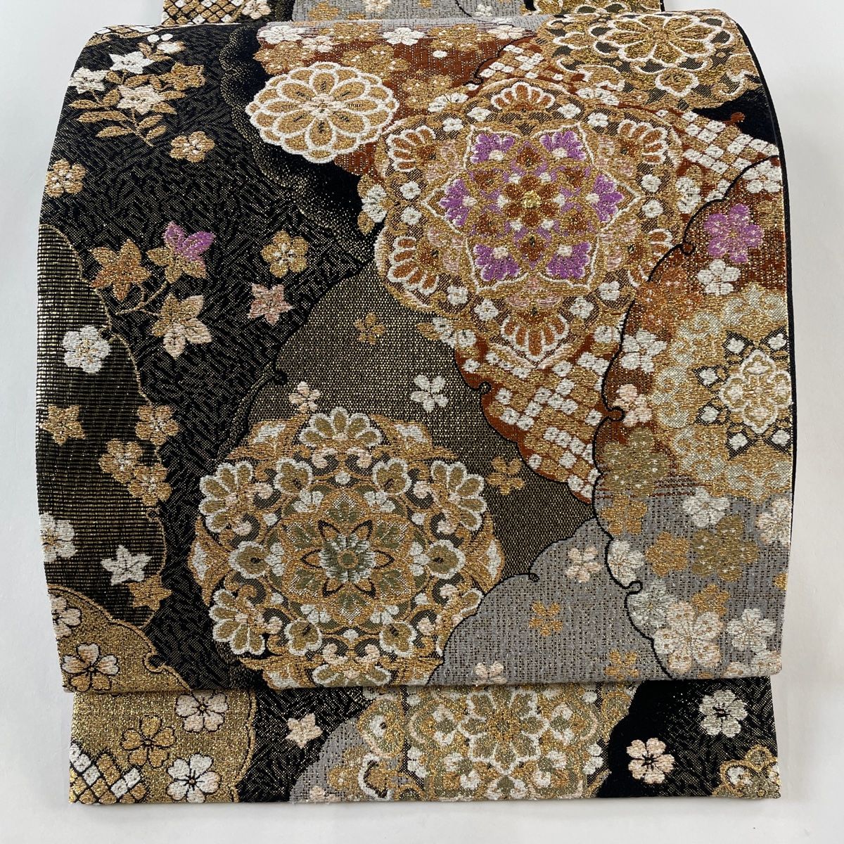 袋帯 美品 秀品 華文 雪輪 箔 金糸 黒 六通 正絹 【中古