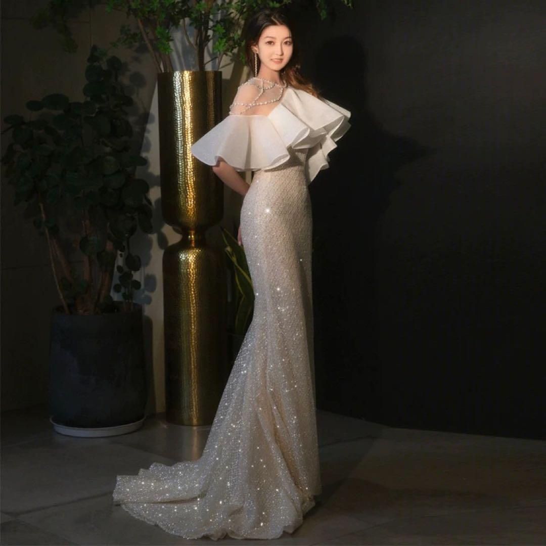 シースルービジューショルダー 美しいマーメイドラインのロングドレス