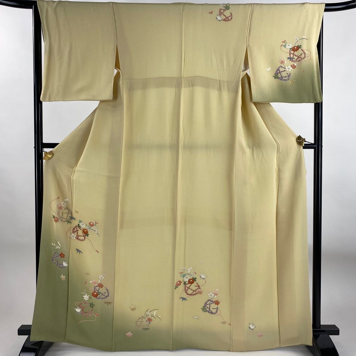 訪問着 身丈165.5cm 裄丈66cm M 袷 花籠 笹 金糸 金彩 薄黄 正絹 秀品
