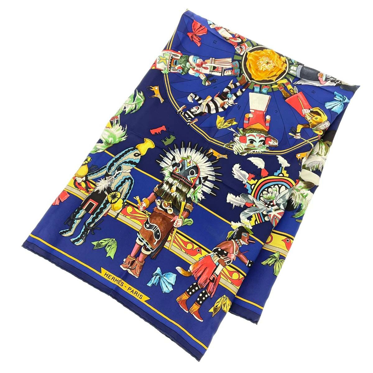 HERMES エルメス カレ90 カチナ スカーフ 絹 シルク100％ エルメス カレ90 Kachinas カチナ シルク スカーフ ネイビー