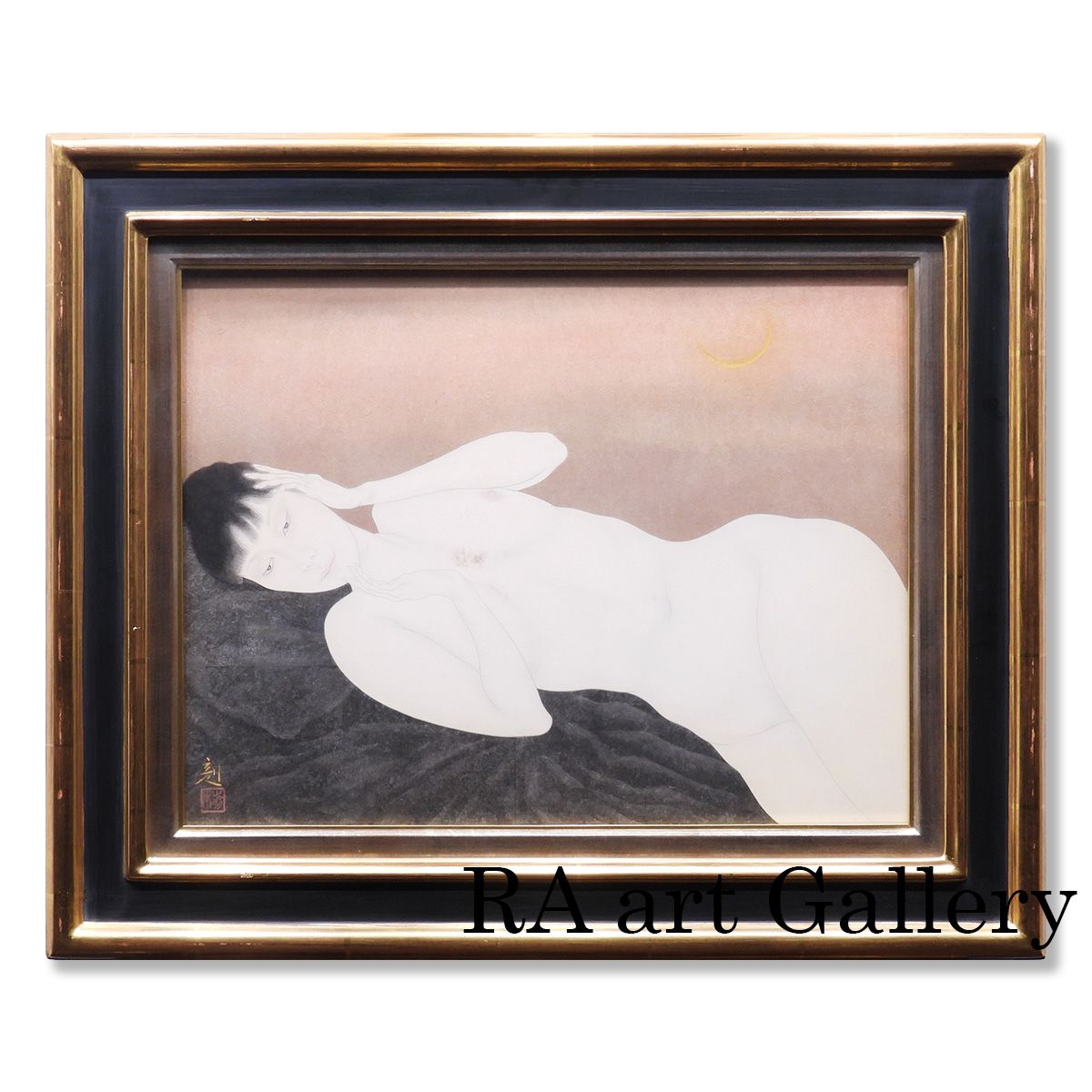 前本利彦 夕の月 紙本彩色10号 人物画 共シール 師 加山又造 女性像 裸婦 美人画 原画 日本画 アート 絵画 げ交渉