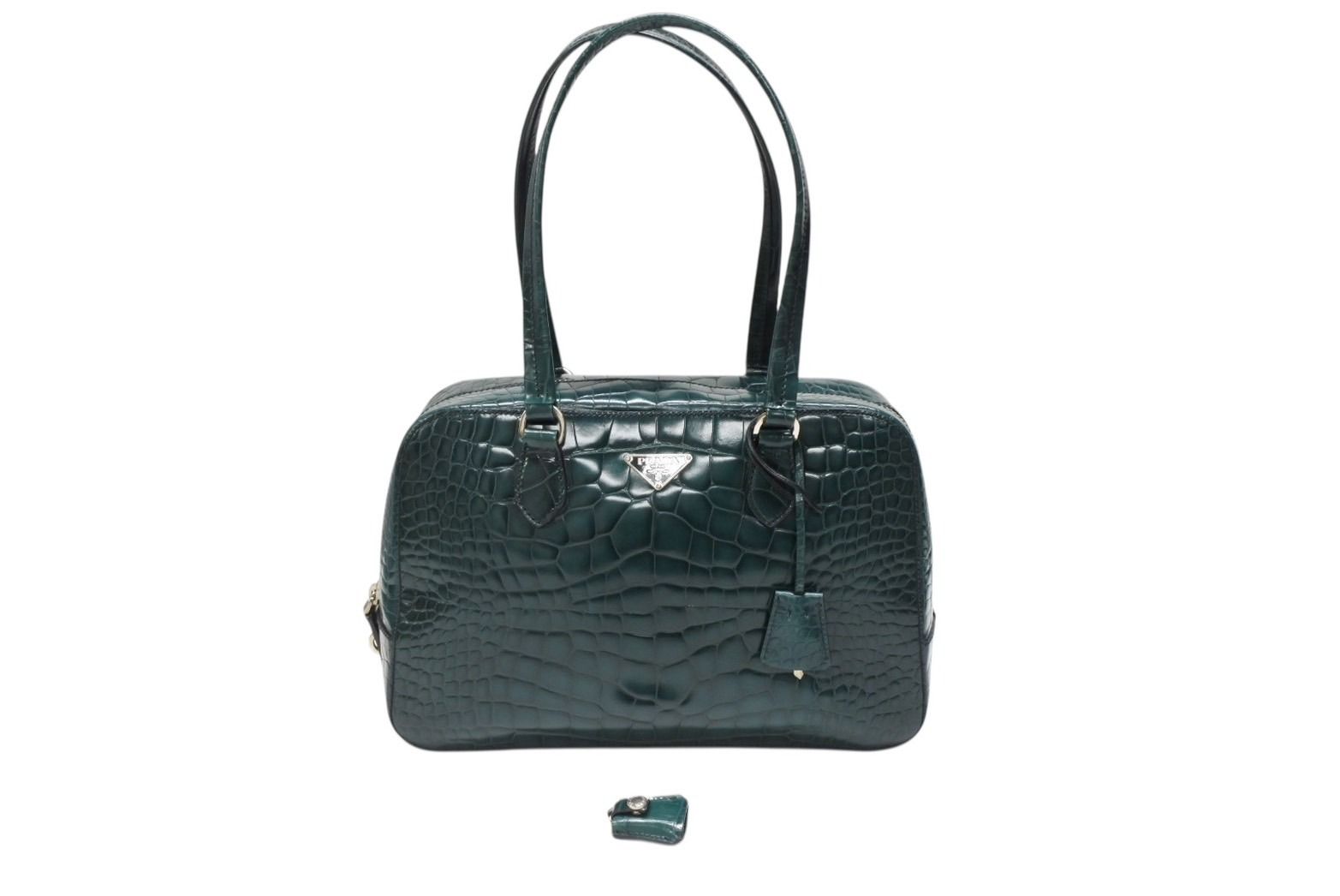 PRADA プラダ ハンドバッグ トートバッグ トライアングルロゴ クロコダイル型押しレザー グリーン シルバー金具 4b007331