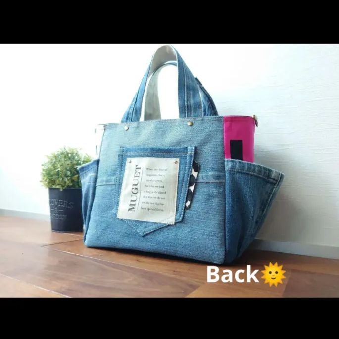 No.337【DENIM✖️PINK✖️撥水blackBAG❤️】デニムリメイクトート