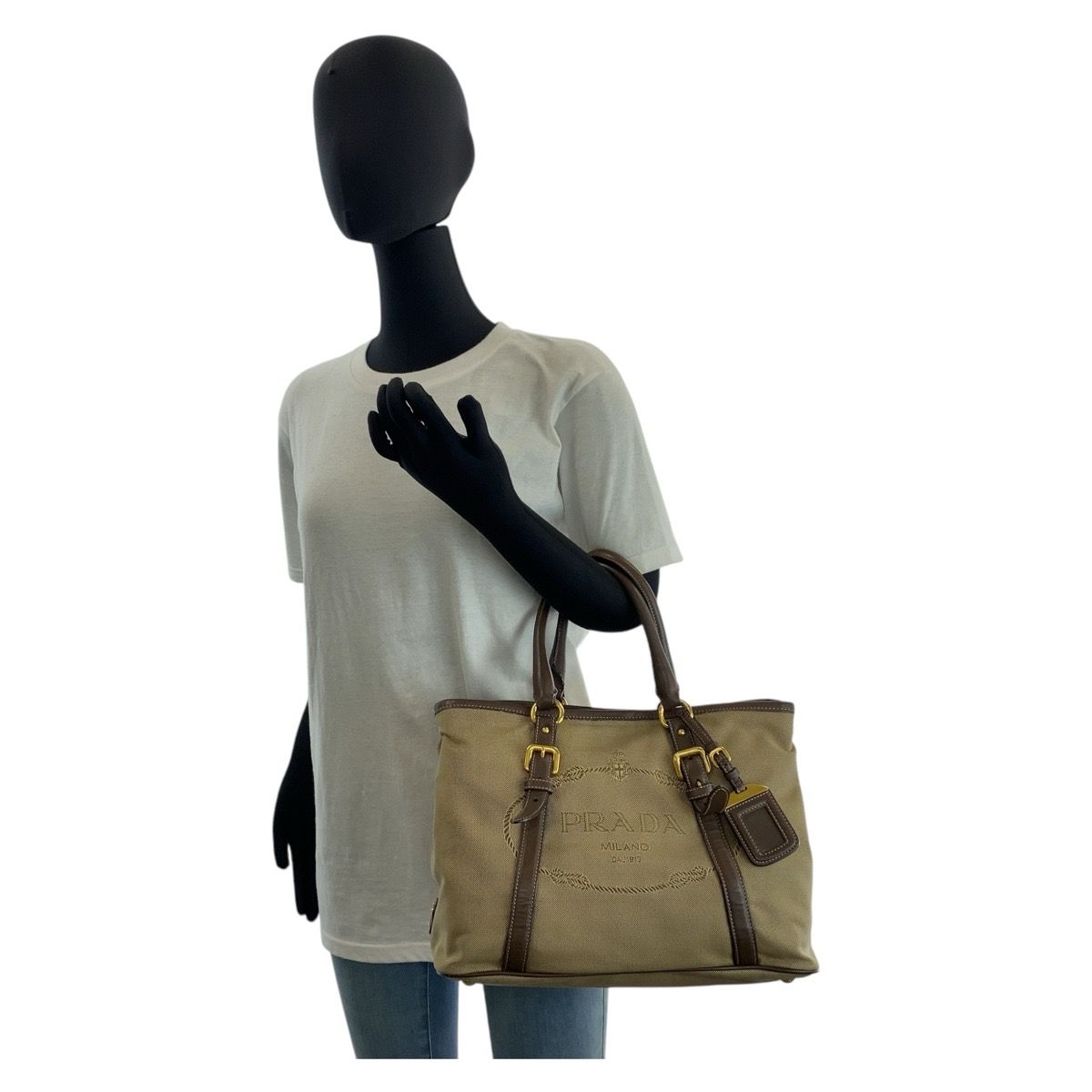 美品 PRADA プラダ ロゴジャガード 三角ロゴプレート カーキ ブラウン  