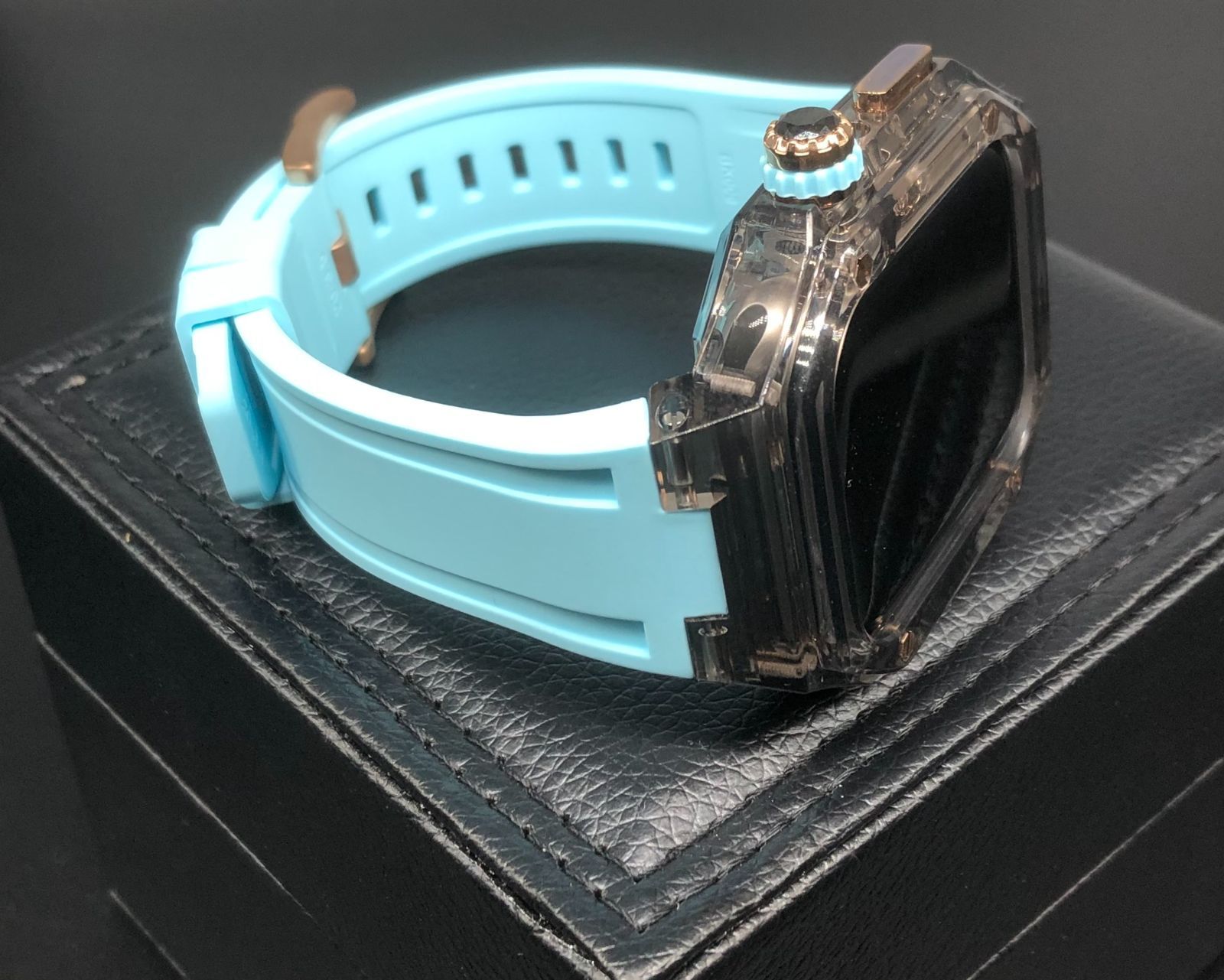 GimelZayin zc rg ブラッククリア スカイブルー アップルウォッチ ラバーベルト カバー クリア ケース 40mm 41mm 44mm 45mm 46mm 49mm メンズ レディース 4スクリュー Apple Watch バンド