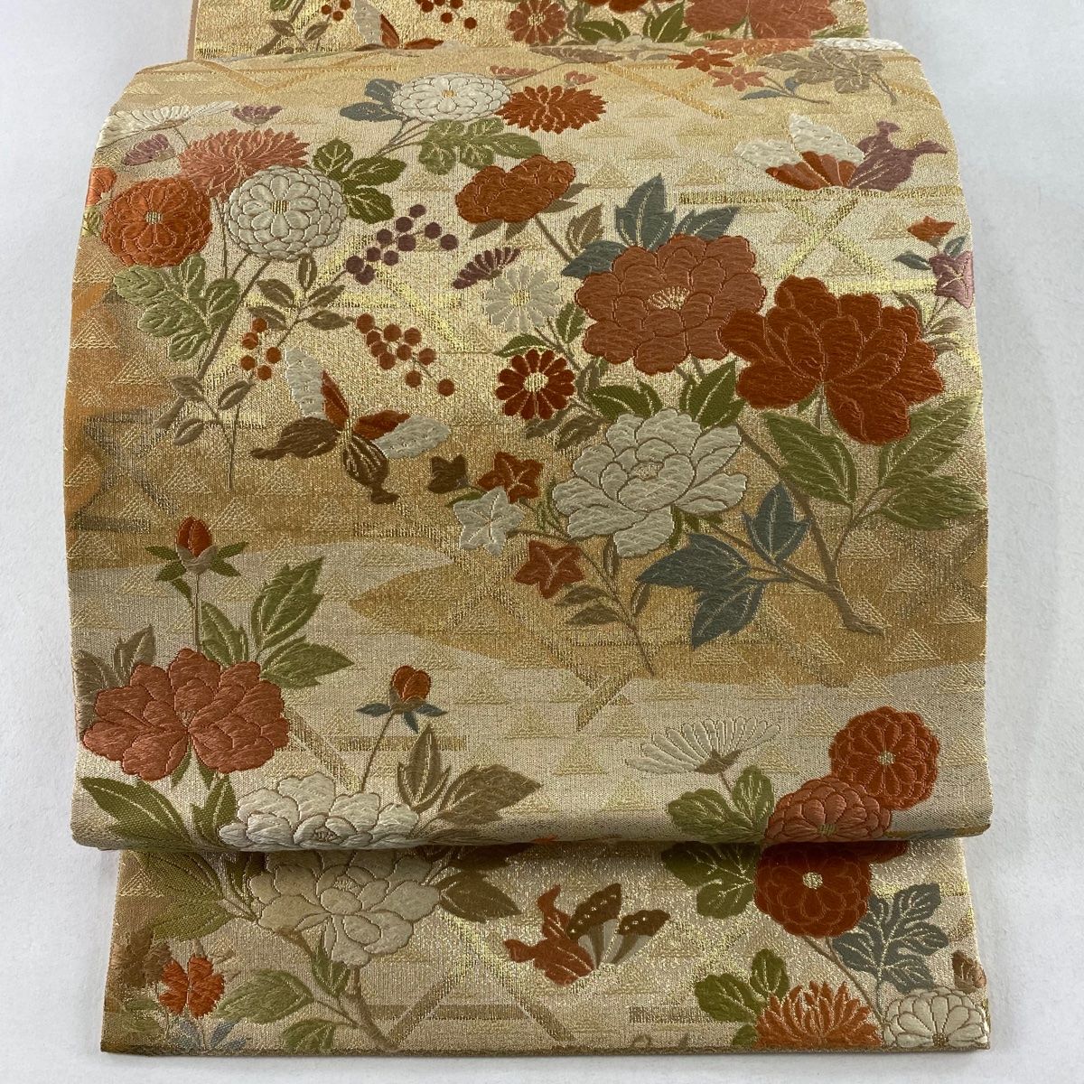 A26 美品　袋帯　綴れ　花草 袋帯 美品 名品 関西仕立て 草花 鳥 箔 茶紫 六通 正絹 中古