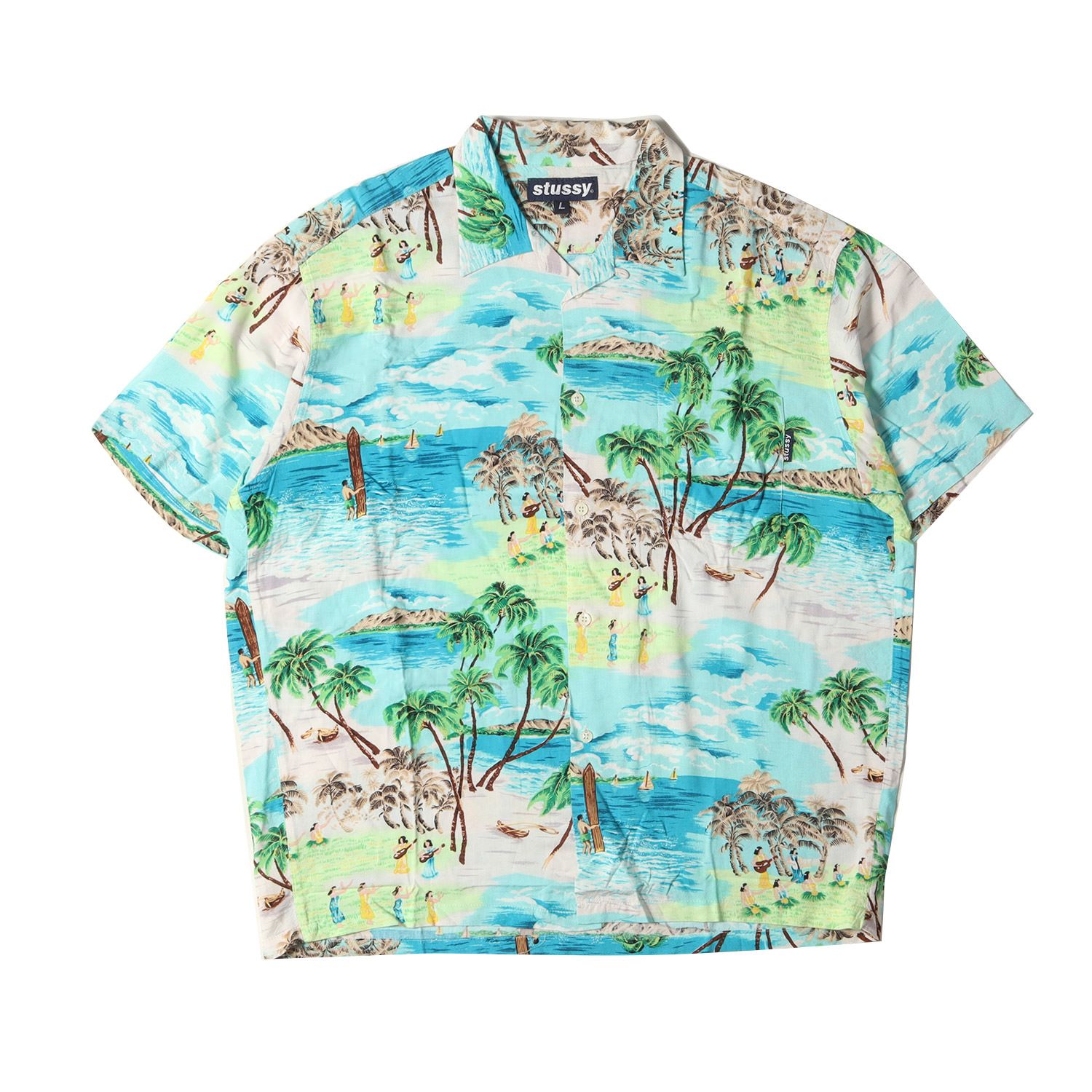 STUSSY ステューシー シャツ サイズ:L 90s OLD STUSSY フラガール柄 レーヨン アロハシャツ USA製 ブルー系 90年代 トップス ハワイアンシャツ カジュアル【メンズ】