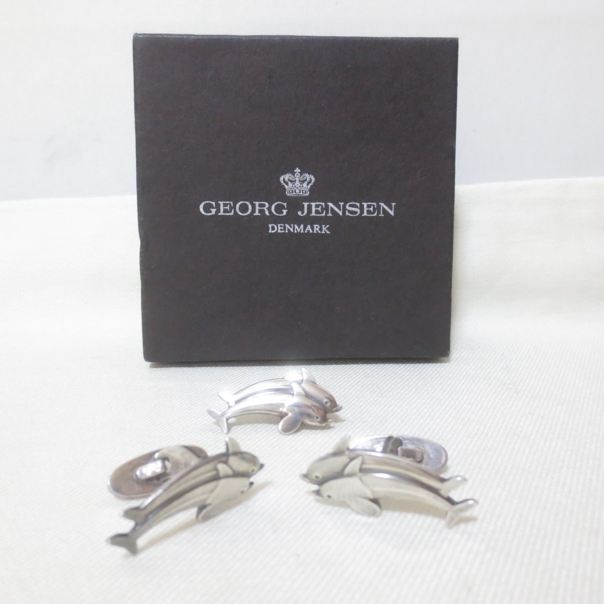 336 GEORG JENSEN ジョージジェンセン シルバー イルカ カフス ピンブローチ セット 925