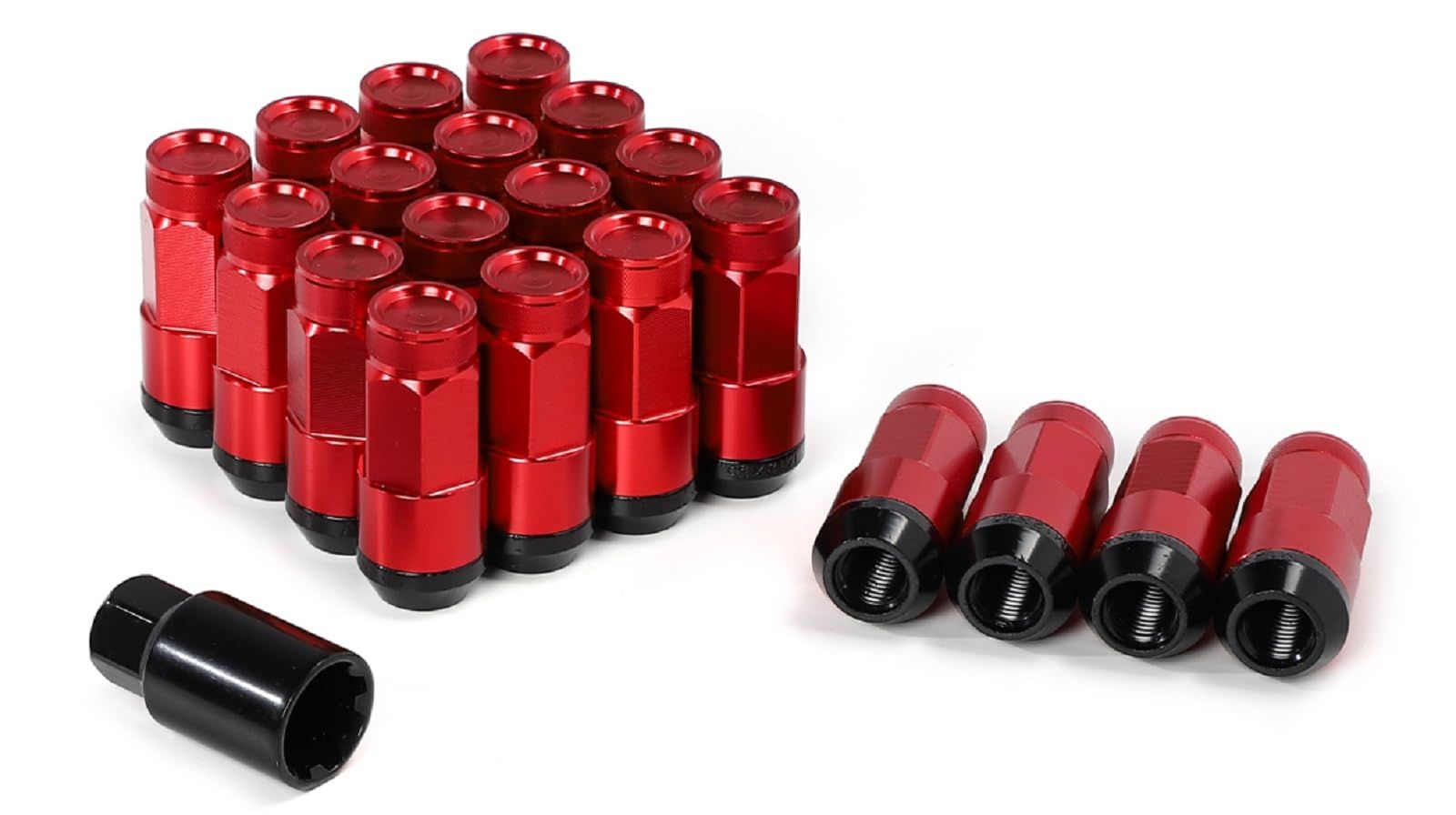 スチール製 ホイールナット スチールナット タイヤナット レーシングナット 上下二分割 アルミ ハイブリット 分割式 ロックナット 貫通ナット ナット 盗難防止 M12 x P1.5 ソケット付き 20本セット レッド レッド