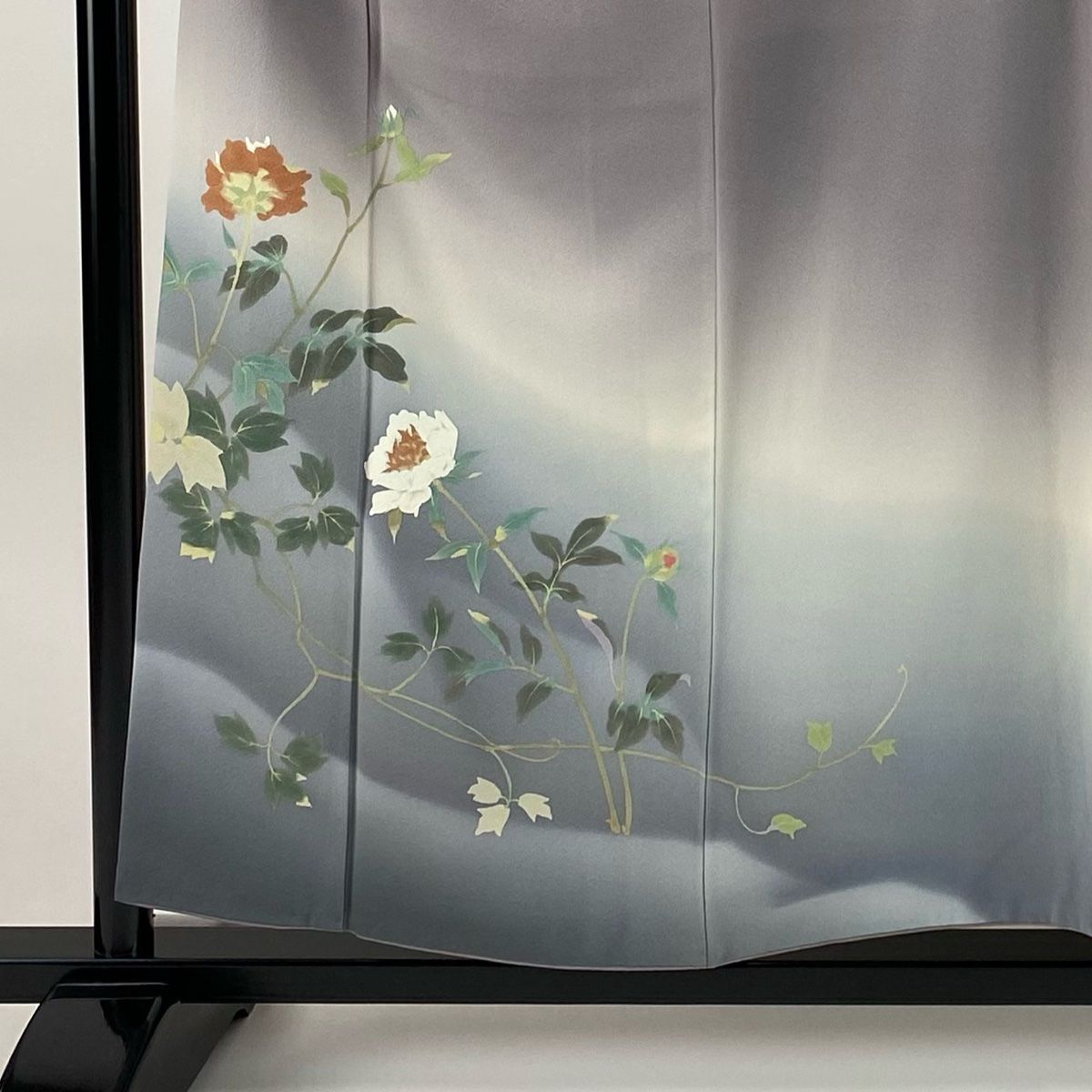 訪問着 身丈155.5cm 裄丈66.5cm M 袷 二代目清次郎 落款 枝花 染め分け ぼかし 灰紫 正絹 秀品