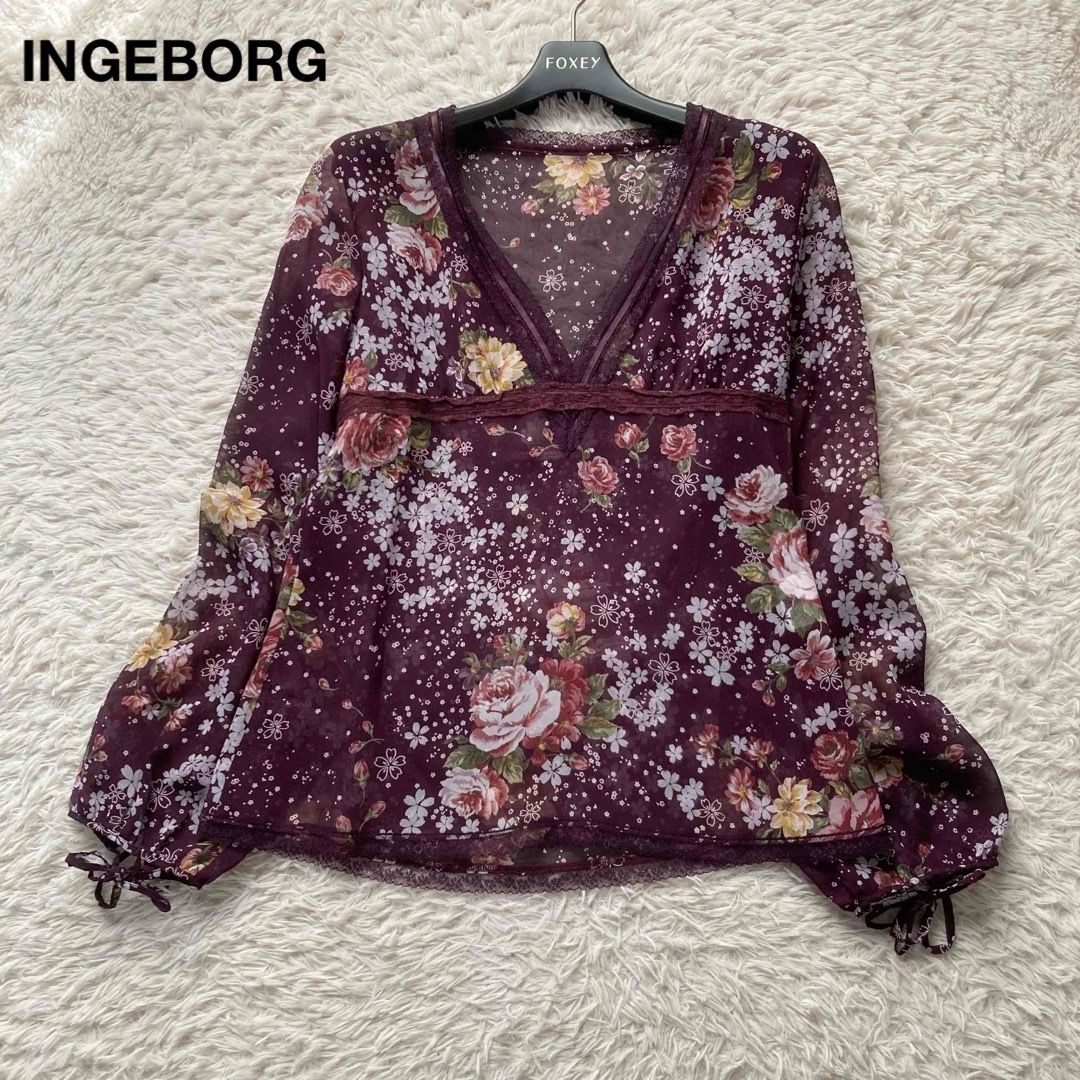 INGEBORG インゲボルグ シフォンブラウス 花柄 フラワープリント 桜 Vネック レース 長袖 日本製 Sサイズ パープル