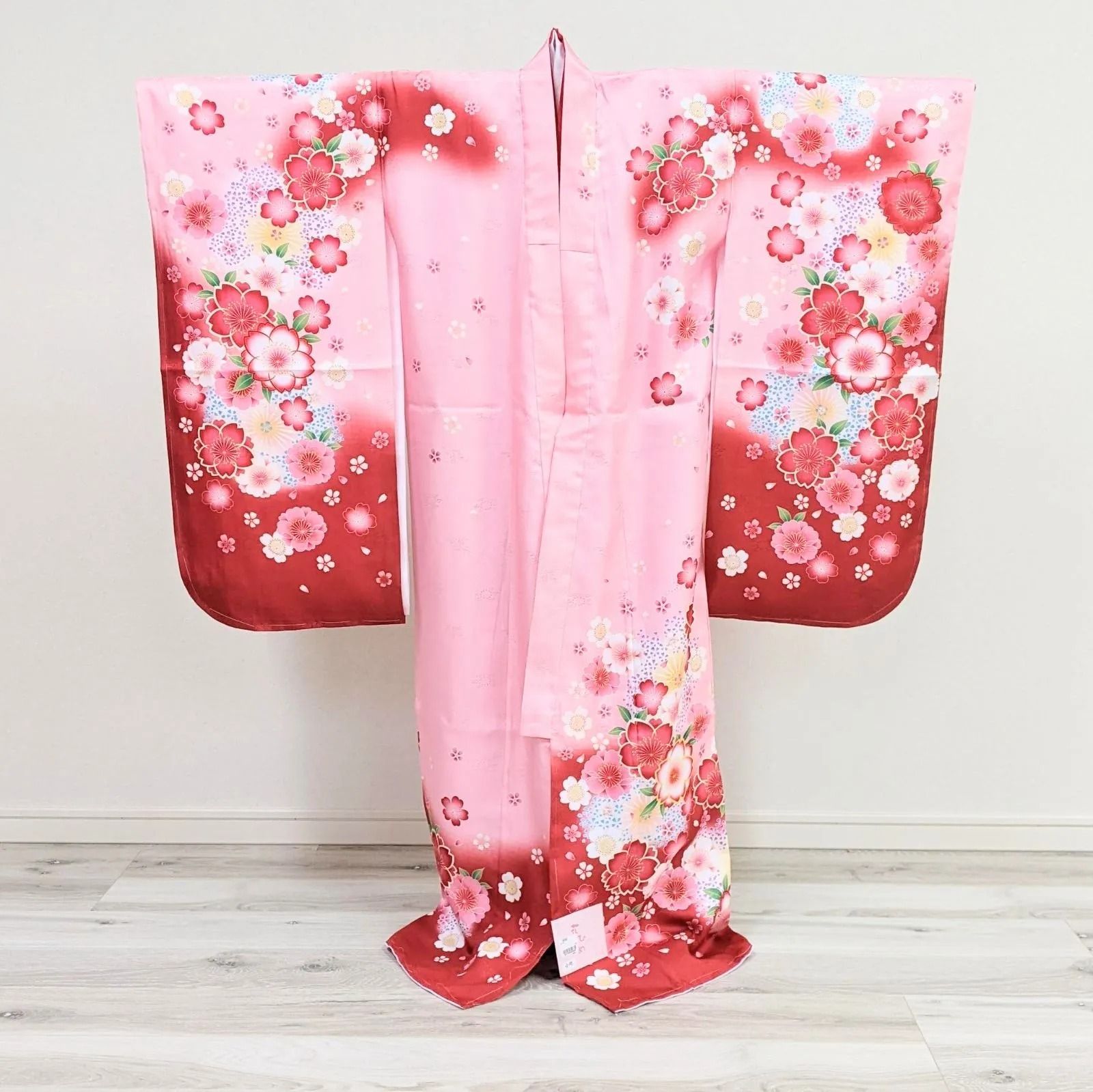 七五三 女の子 7歳 四つ身 着物 襦袢付き 絵羽柄 白 赤 桜 BY7-5