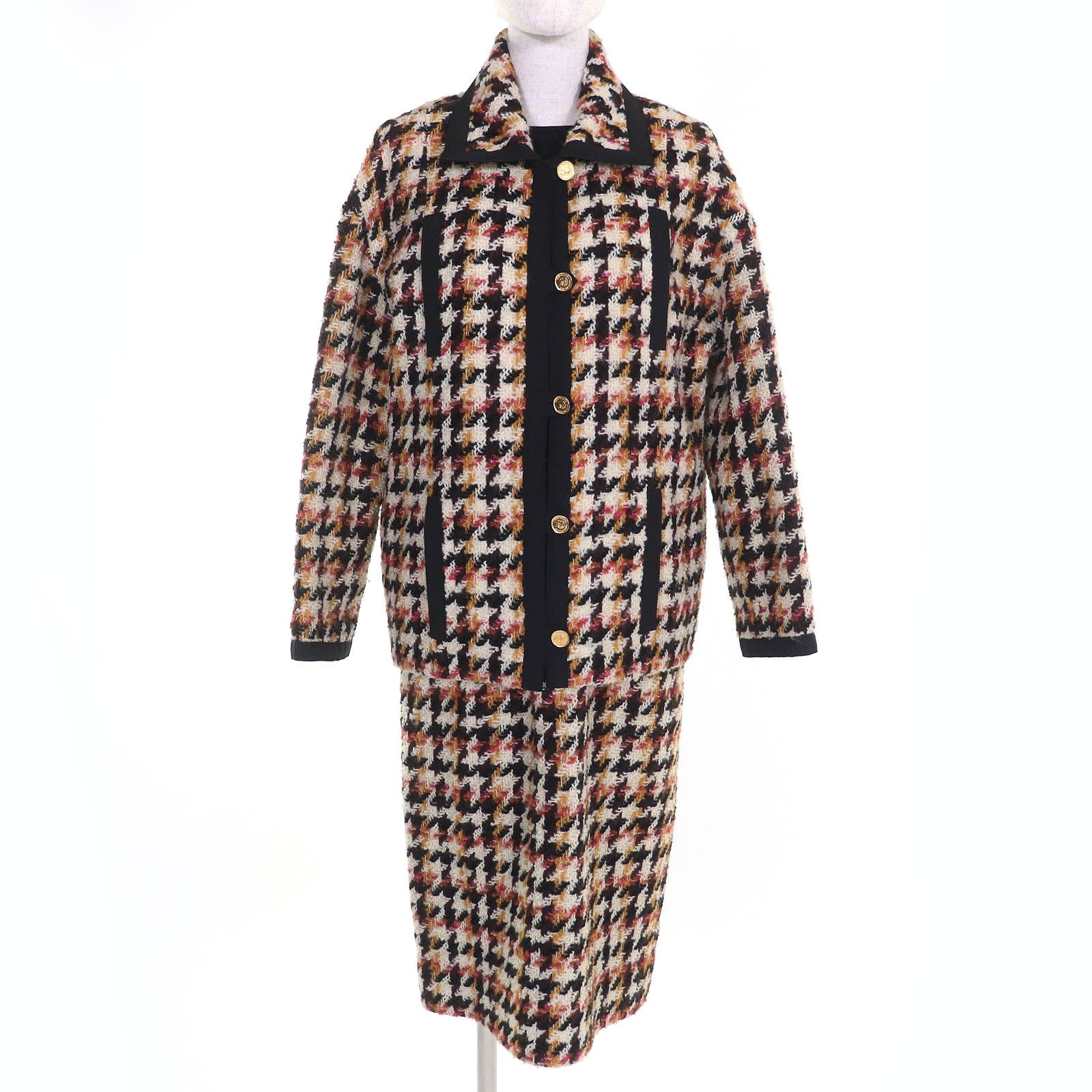 △CHANEL シャネル ヴィンテージ ウール100％ 90年代 コインボタン チェック柄 ジャケット ワンピース セットアップ 裏地シルク マルチカラー ブラック 40 フランス製 レディース
