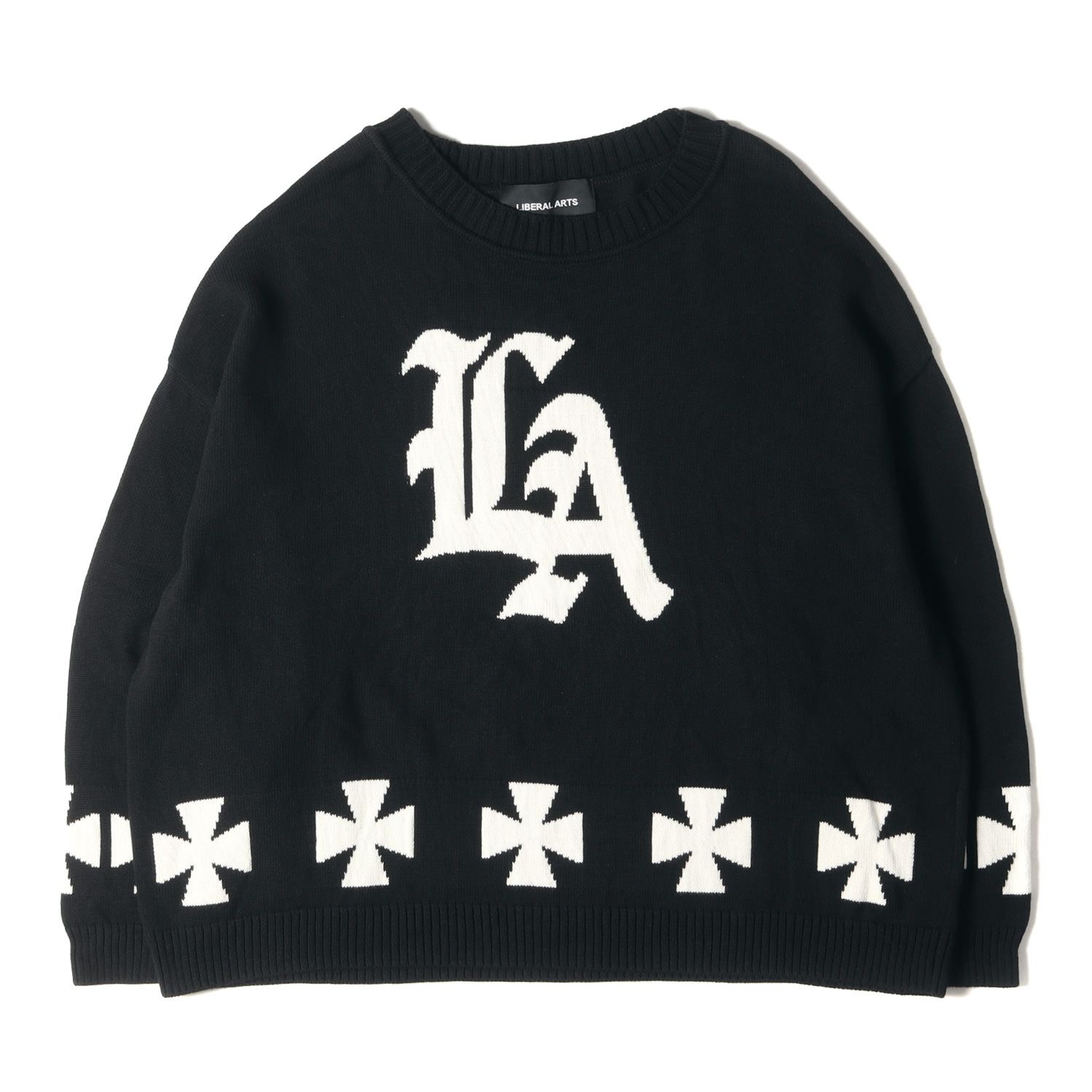 美品 LIBERAL ARTS リベラル アーツ ニット サイズ:FREE 23AW アイアンクロス オーバーサイズ ニットセーター LA CROSS KNIT ブラック 黒 トップス クルーネック【メンズ】