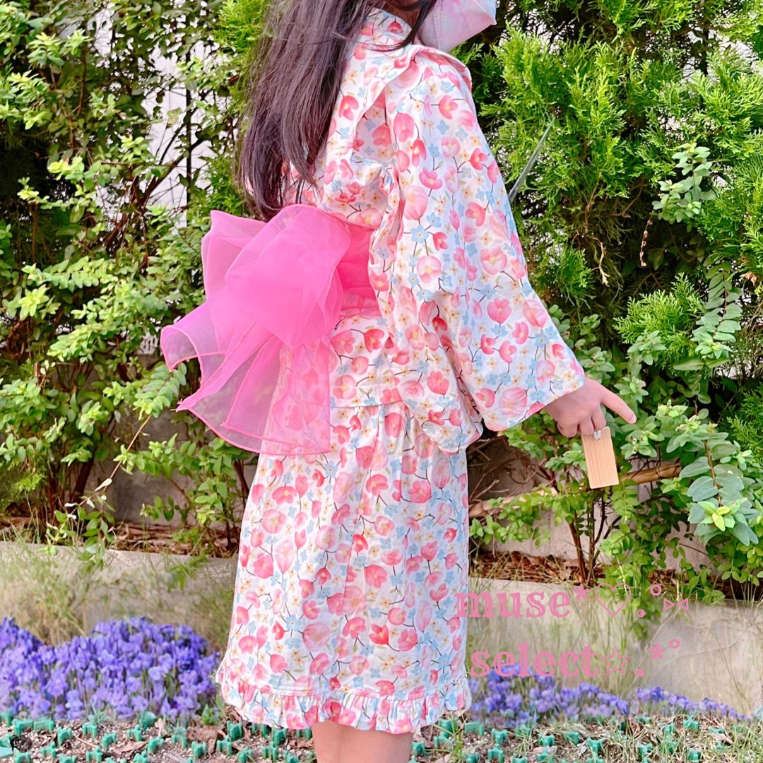 120 130 浴衣ドレスセット フリルスカート 兵児帯 セパレート 簡単3点