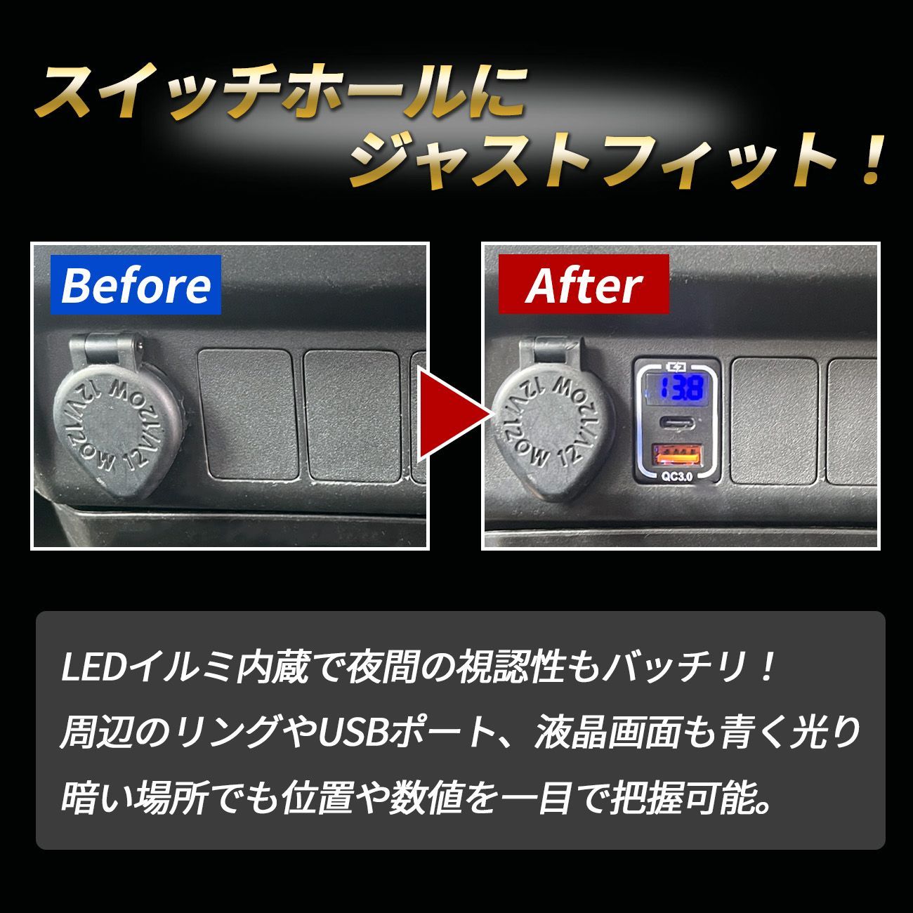 プリウス 50 USBポート LED 充電 埋め込み 内装パネル 電圧計 イルミネーション タイプC iPhone スマホ カスタム QC3.0 トヨタ Aタイプ 1個