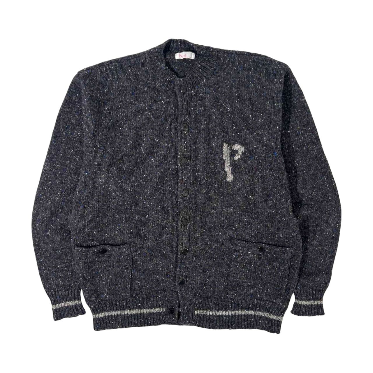 PAPAS パパス ロゴデザイン ノーカラー ネップ ニットジャケット L