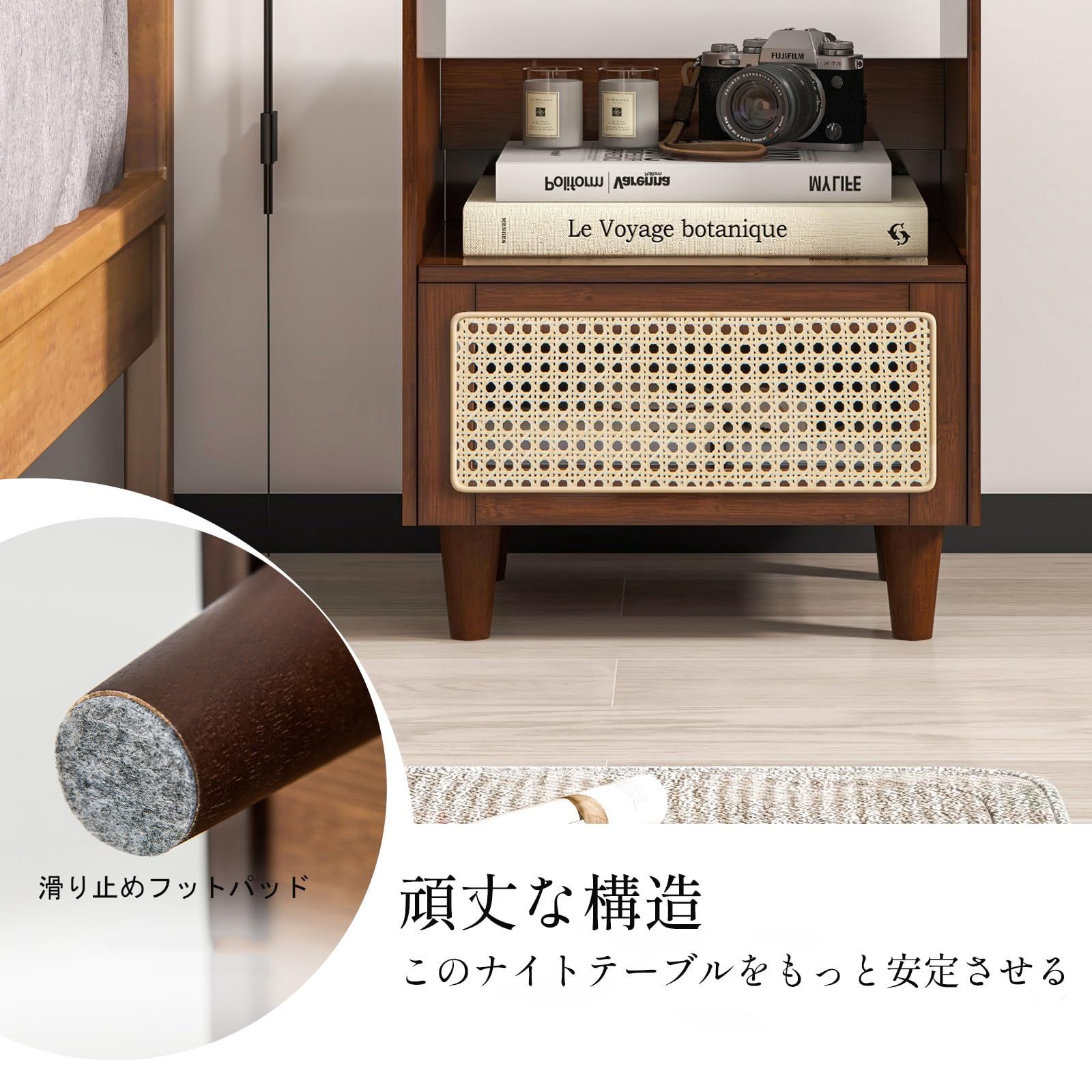 早い者勝ちの限定セール。 在庫 ラタン COSTWAY籐編みナイトスタンド 竹製 ベッドサイドテーブル 収納引き出し付き 素朴 収納キャビネット エンドテーブル スモールテーブル 強化ガラス天板 書斎 リビングルーム ベッドルーム 小スペース用 ボーホー 円弧デザイン 幅43× 【80％以上割引】