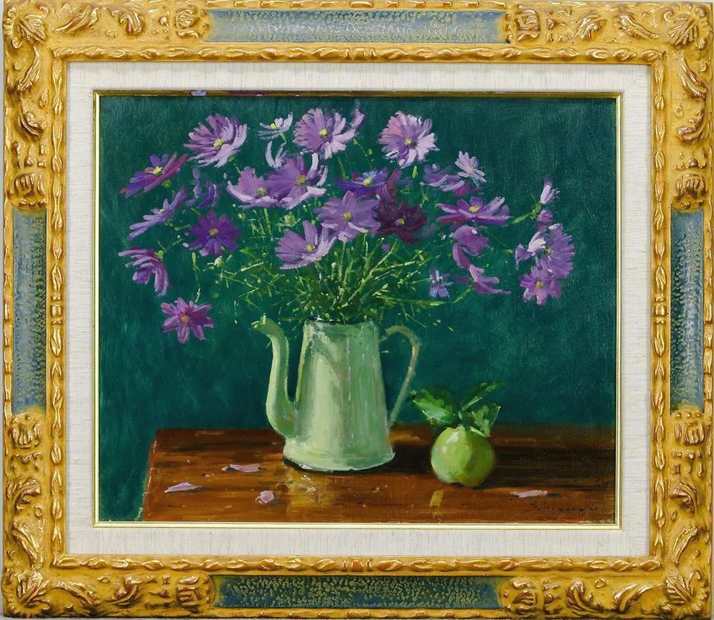 真作 WISH 若山茂 コスモス 油彩 8号 1989年作 卓上の秋桜たち 〇ヨーロッパ情景画家 パリ在住 ル サロン会員 25092546