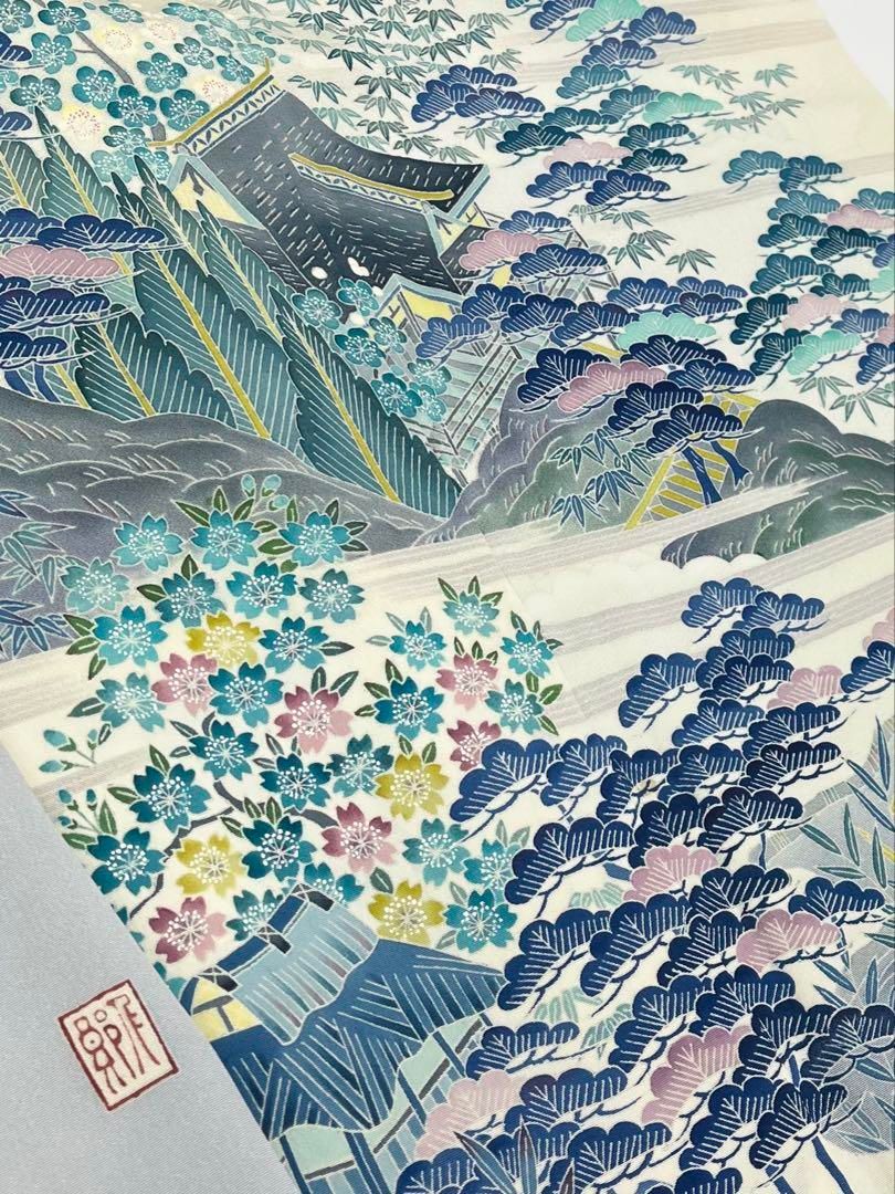 加賀友禅 毎田仁郎 落款入 色留袖 三つ紋 近江風景 ゑり華扱い 正絹