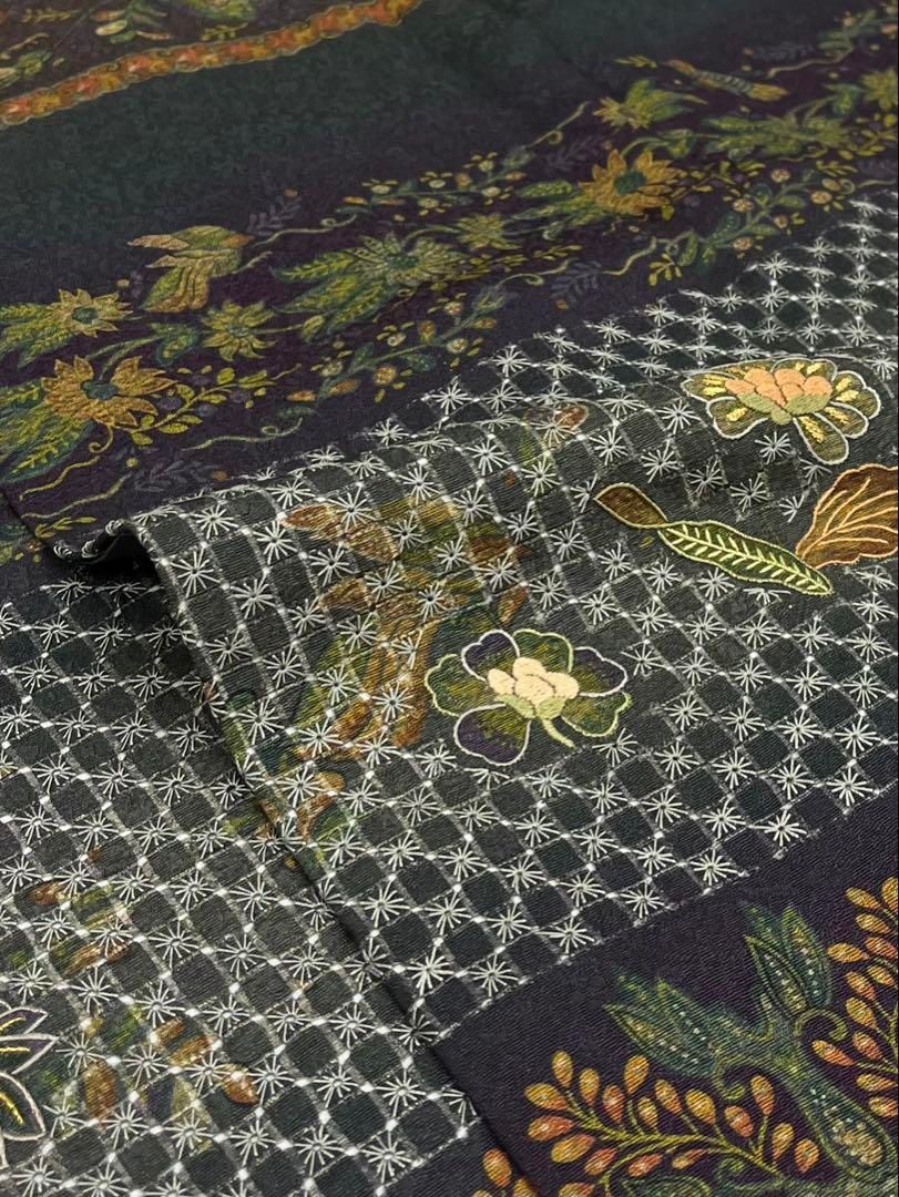 蘇州刺繍 汕頭刺繍 訪問着 総柄 鳥 更紗文様 金糸 正絹 X383 蘇州刺繍