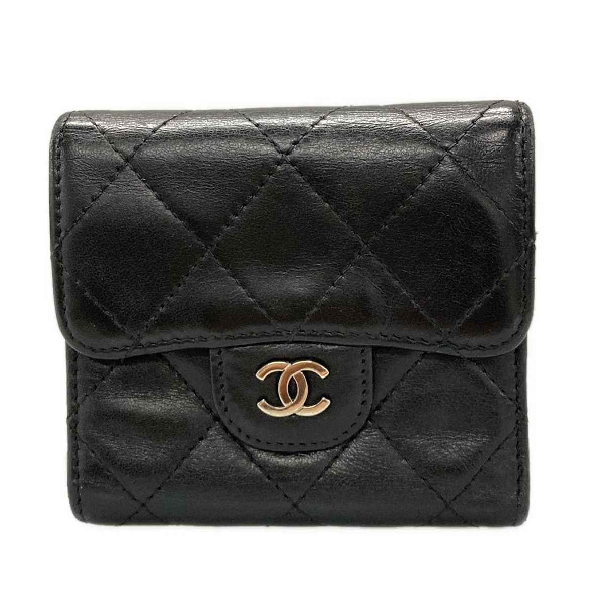 CHANEL シャネル Wホック財布 マトラッセ 黒 ラムスキン