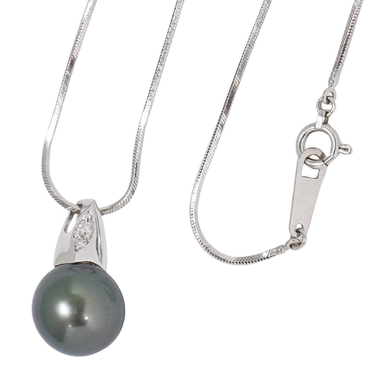 本物 ブラックパール 10.1mm ダイヤモンド 0.03ct K18 WG ネックレス  