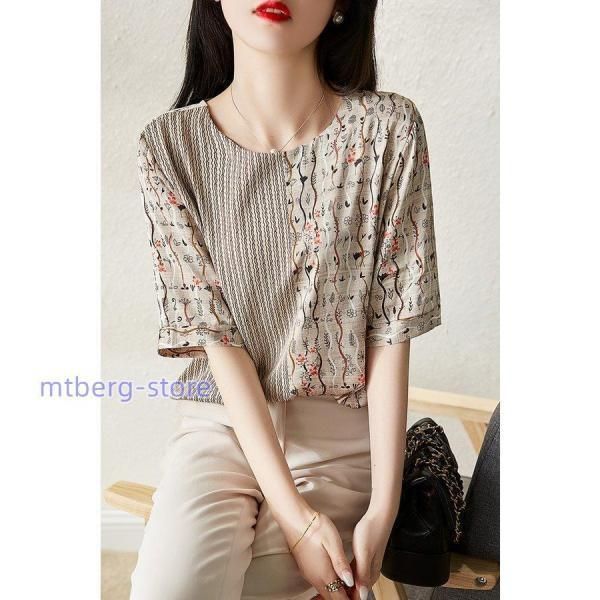 シフォンTシャツ 五分袖トップス