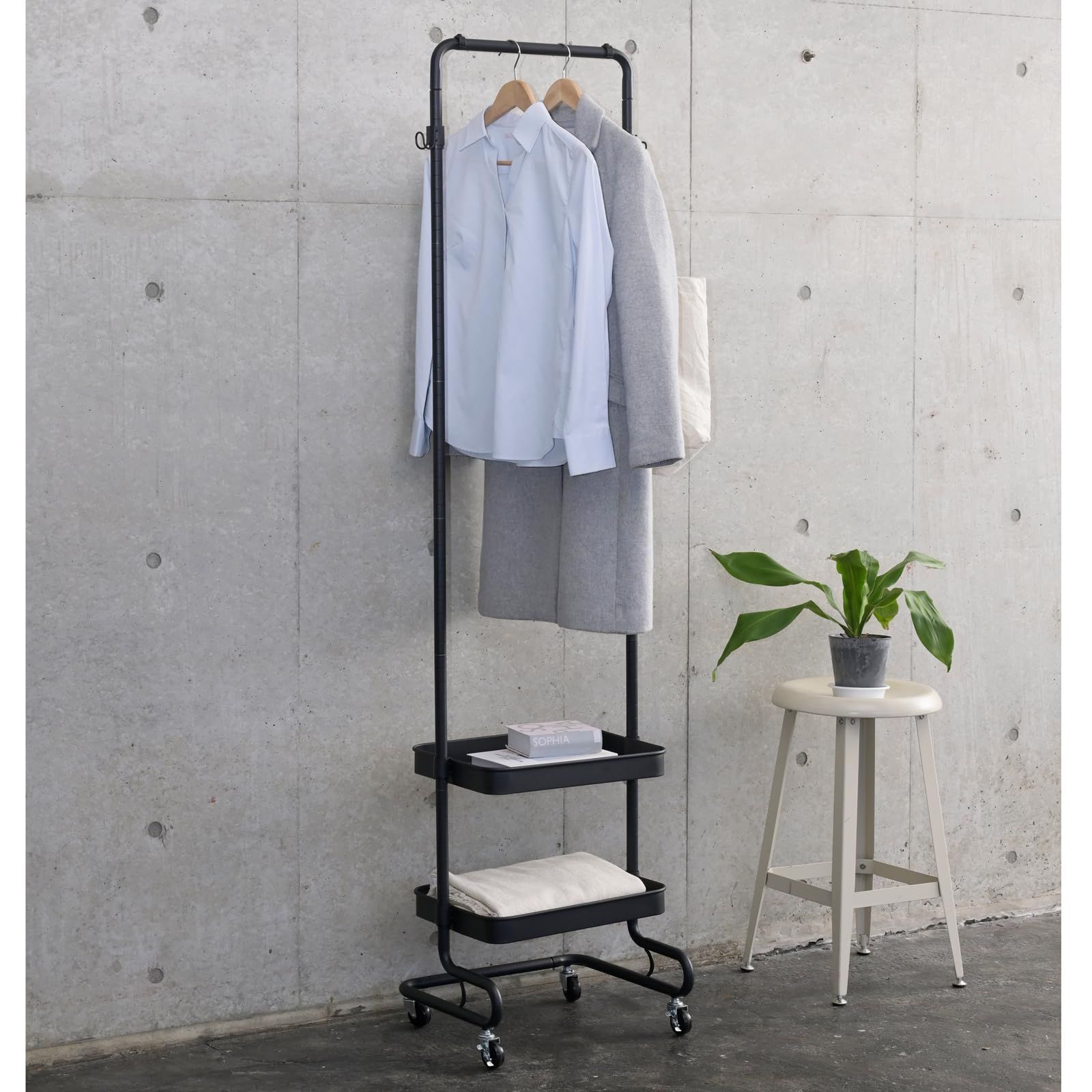 組立品 ブラック 衣類収納 幅51×奥行38.5×高さ113.5/139/164.5/189cm (高さ4段階調節/バスケット2つ付き/全体耐荷重27kg) キャスター付き スリム LTHS-2(BK) トローリーハンガー ハンガーラック ワゴン [