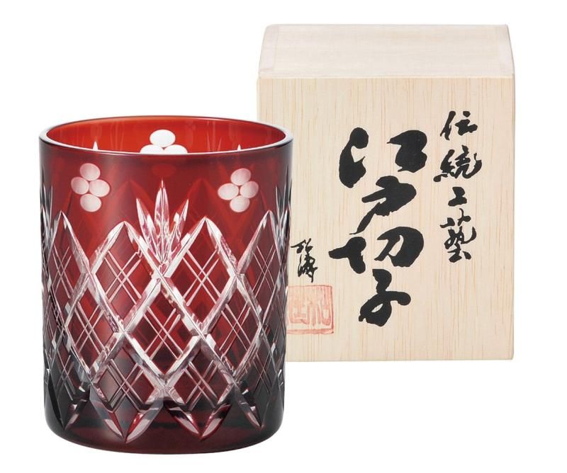 江戸切子 グラス ロックグラス 250ml 赤 小花剣矢来紋 木箱入 223527